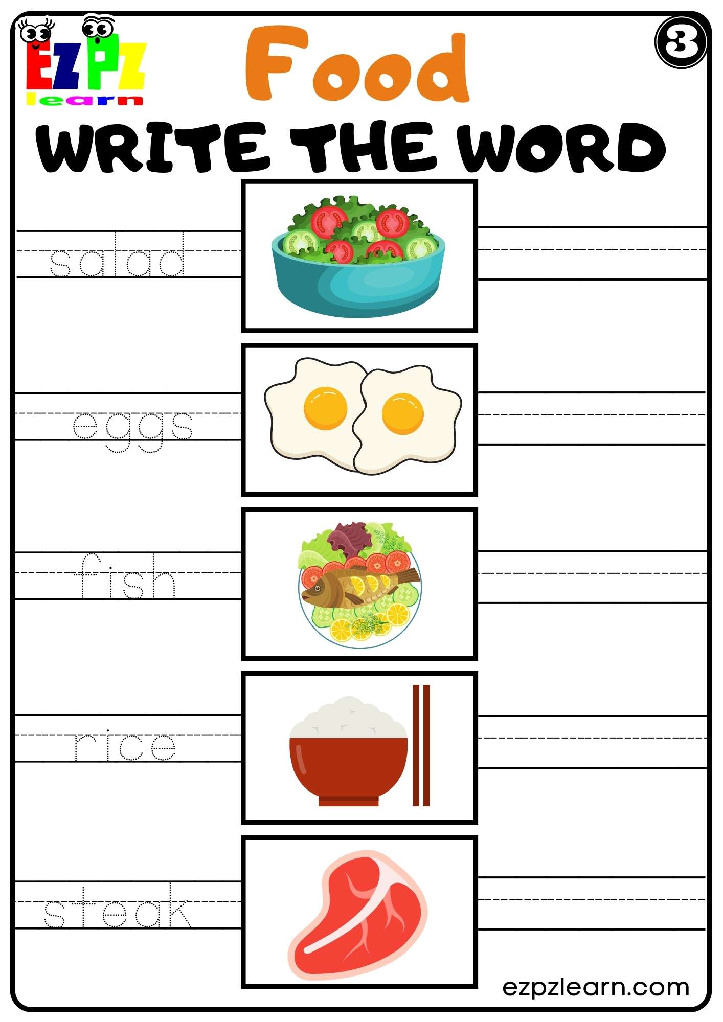 Food Write the Word Worksheet for Kindergarten K5 and ESL PDF Download